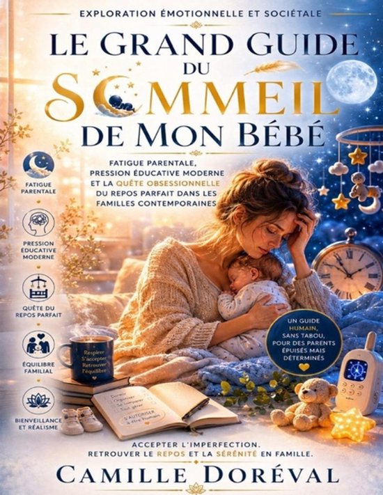De cover van 'Le grand guide du sommeil de mon bébé' toont een moeder die haar baby vasthoudt in een sfeervolle, nachtelijke setting. Tekst: 'Le grand guide du sommeil de mon bébé'.