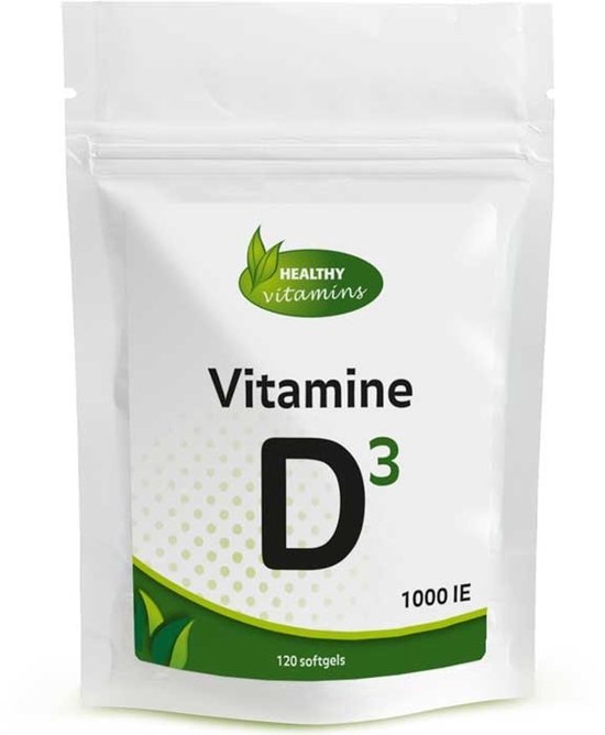 White pouch with "HEALTHY vitamins Vitamine D³ 1000 IE 120 softgels" printed on it.
