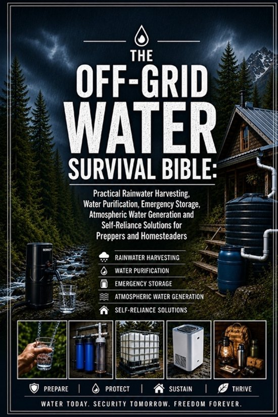 Boekomslag met de titel "The Off-Grid Water Survival Bible" in grote witte letters. De achtergrond toont een bosrijk landschap met een huisje en wateropslagtanks.