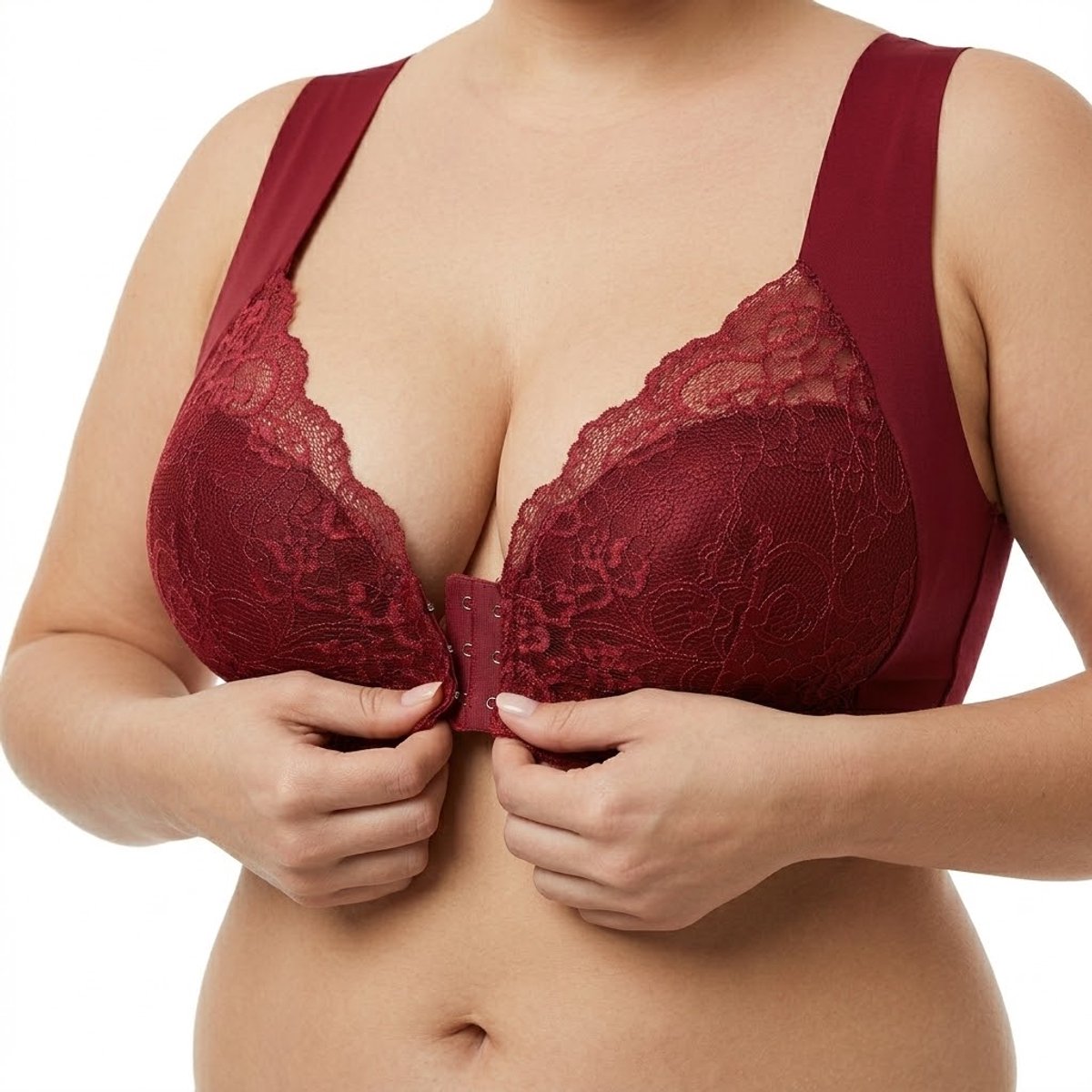 Bordeauxrode kanten bh dames maat XL – draadloze naadloze bralette met diepe V hals en voorsluiting – ondersteunende lingerie bh met brede banden en kant details