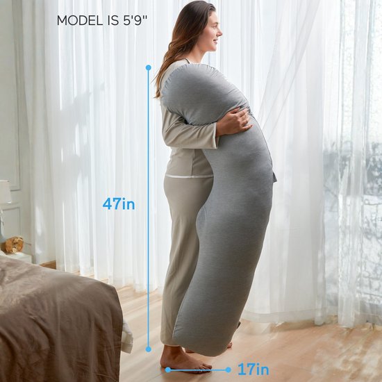 Momcozy J Vorm Zwangerschapskussen – Ergonomisch Steunkussen voor Zijslapen – Jersey Stof - Lichtgrijs — afbeelding 4