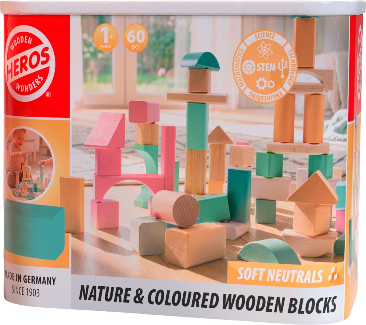 Heros houten blokken in zachte kleuren - blokken - 60 bouwblokken - grote set - fsc hout - gemaakt in duitsland - creatief bouwen - vanaf 1 jaar