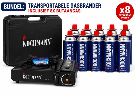 Kochmann Draagbare Gaspit Set incl 8x Butaangas Bus 227g – Camping Kooktoestel met Draagkoffer – Gasbrander Campingkooktoestel 2800W – Outdoor Koken - Kamperen - Caravan - Camper - Tent - Visvakantie - Festival - Survival - Noodpakket & Stroomuitval — afbeelding 2