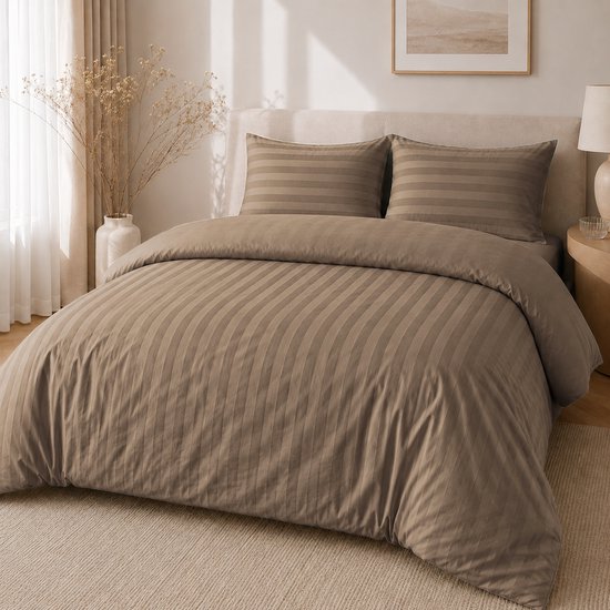 Hotellinnen Dekbedovertrek Taupe - 27mm Streep - 240 x 200/220 cm + 2 kussenslopen — afbeelding 2