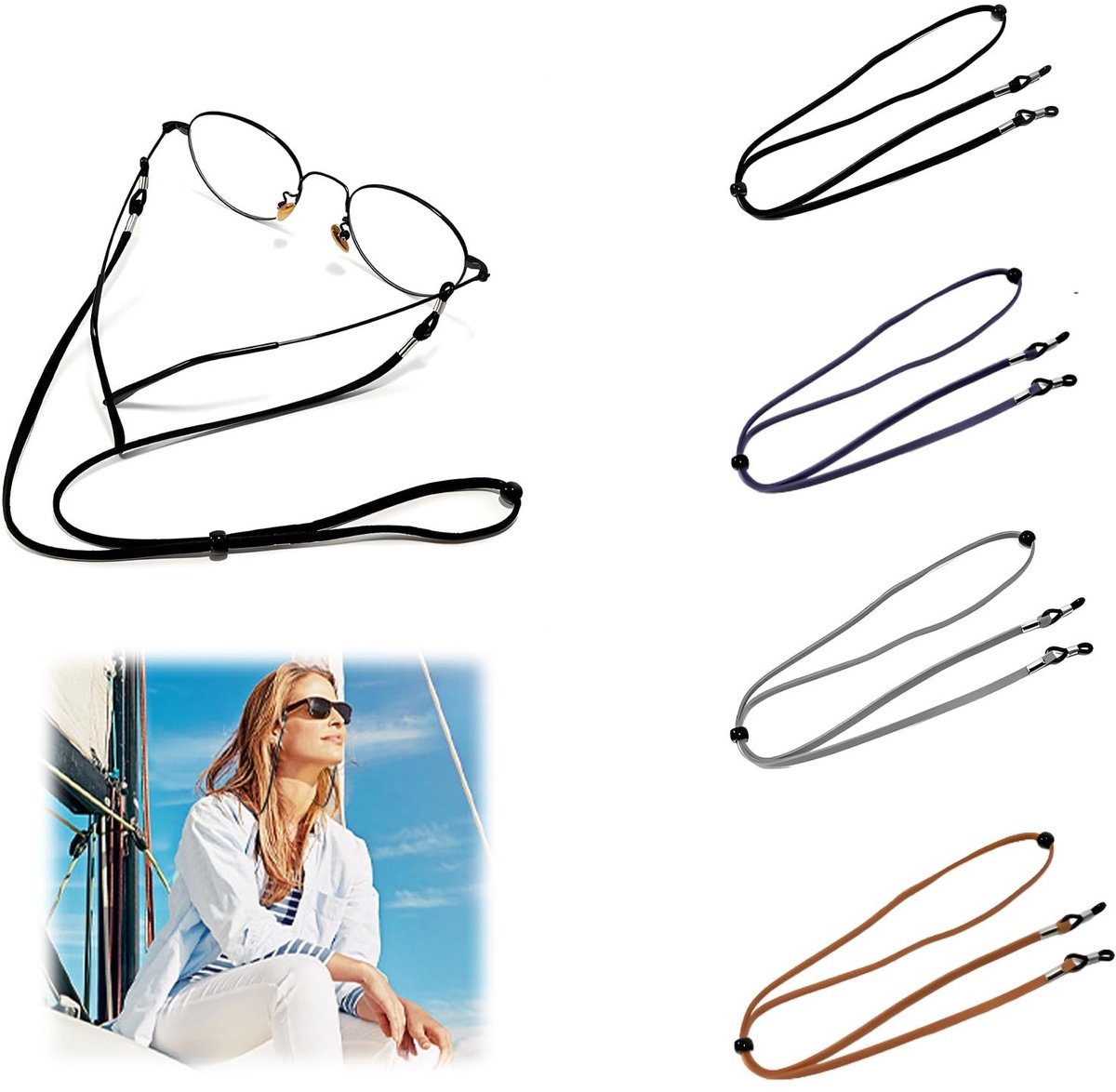 Dailygoods- Brillenband Set van 5 - Verstelbaar - Antislip - Leer/Suède - Meerkleurig - Comfortabel en praktisch - Brilketting