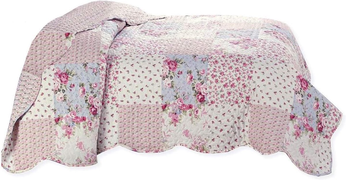 Dailygoods- Bedsprei Patchwork - Rozen - 140 x 210 cm - Landelijke Stijl - Zacht Gewatteerd - Onderhoudsarm - Deken