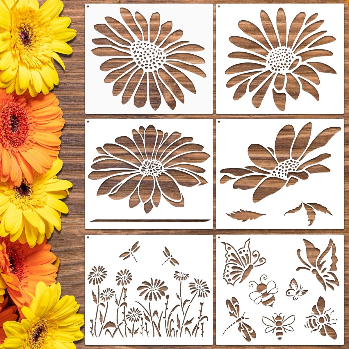 Dailygoods- Bloemensjablonen 6 Stuks - Extra Grote Herbruikbare Stencils - Handige Muursjablonen - Patroonsjablonen voor Knutselen - Premium Materiaal - Gebruiksvriendelijk - Schilderstencils