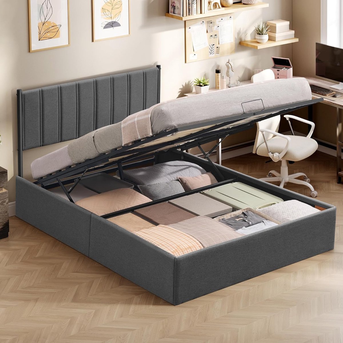 Hydraulisch Opklapbaar Bedframe met Opbergruimte en Gestoffeerd Hoofdbord 140x200 cm Donkergrijs, Lattenbodem met Gaslift Systeem, Extra Sterk Metalen Bed, Stil, Modern Design, Slaapkamer Bed met Onderbed Opslag en Luxe Afwerking Mobili Bella