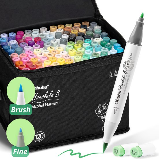Ensemble de 120 marqueurs d'alcool Ohuhu Honolulu B dans diverses couleurs, avec un marqueur vert au premier plan.