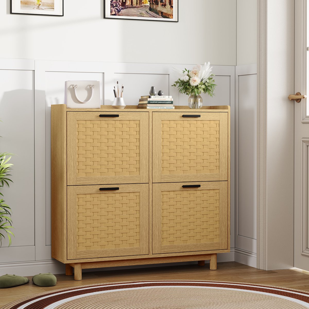 Schoenenkast, Schoenenkast met 4 Deuren Voor, Houten Schoenenkast, Eikenkleur, Rotan Meubel, Geschikt Voor het Opbergen Seizoenswerkschoenen, Platte Schoenen en Canvas Schoenen (Eikenkleur)