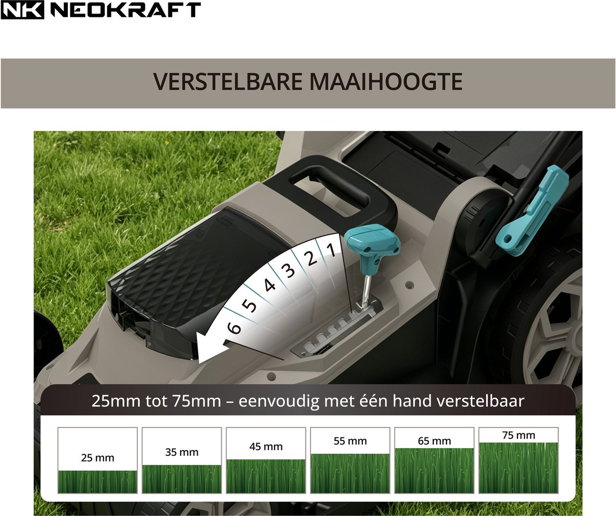 Neokraft - 40V Accu grasmaaier - 42cm maaibreedte - 6 instelbare maaihoogtes - Incl 50L opvangzak - Incl. 40V 4,0Ah accu & lader - Grasmachine – foto 7