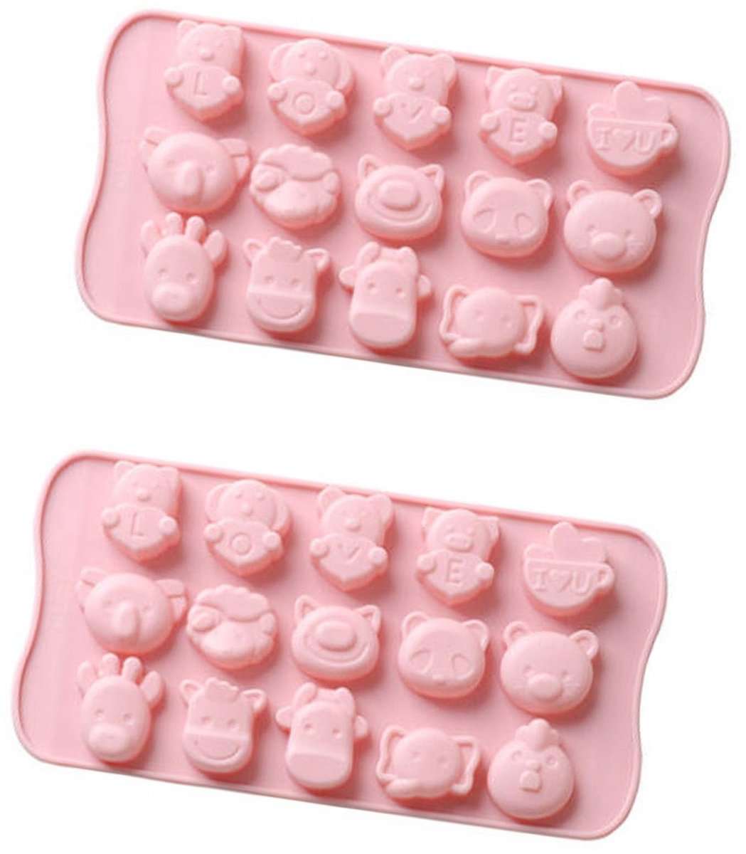 Dailygoods- IJsblokjesvorm 2 stuks - Siliconen vormen - Cartoon-dieren - Herbruikbare mal - Roze - 15 vakjes - Veilig en milieuvriendelijk