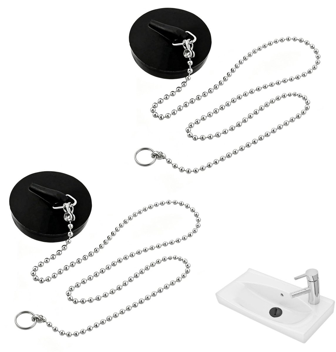 Dailygoods- Afvoerstop 2 Stuks - Gootsteenstop - Badstop - Rubber - 40-45 mm - Met 40 cm Ketting - Verzegeling tegen Lekken - Afvoerplug