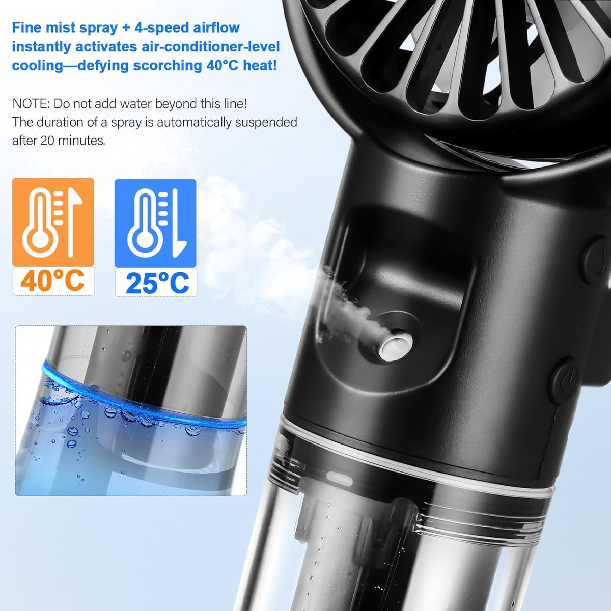 2-in-1 Handventilator met Waternevel - 4 snelheden - 4000mAh - Stille - Mini Fan Oplaadbaar - USB-C - Koel en hydrateer overal - Verkoelende Airflow - Draagbare Mini Ventilator - ideaal voor kantoor, reizen, wandelingen of het strand - zwart thumbnail 4