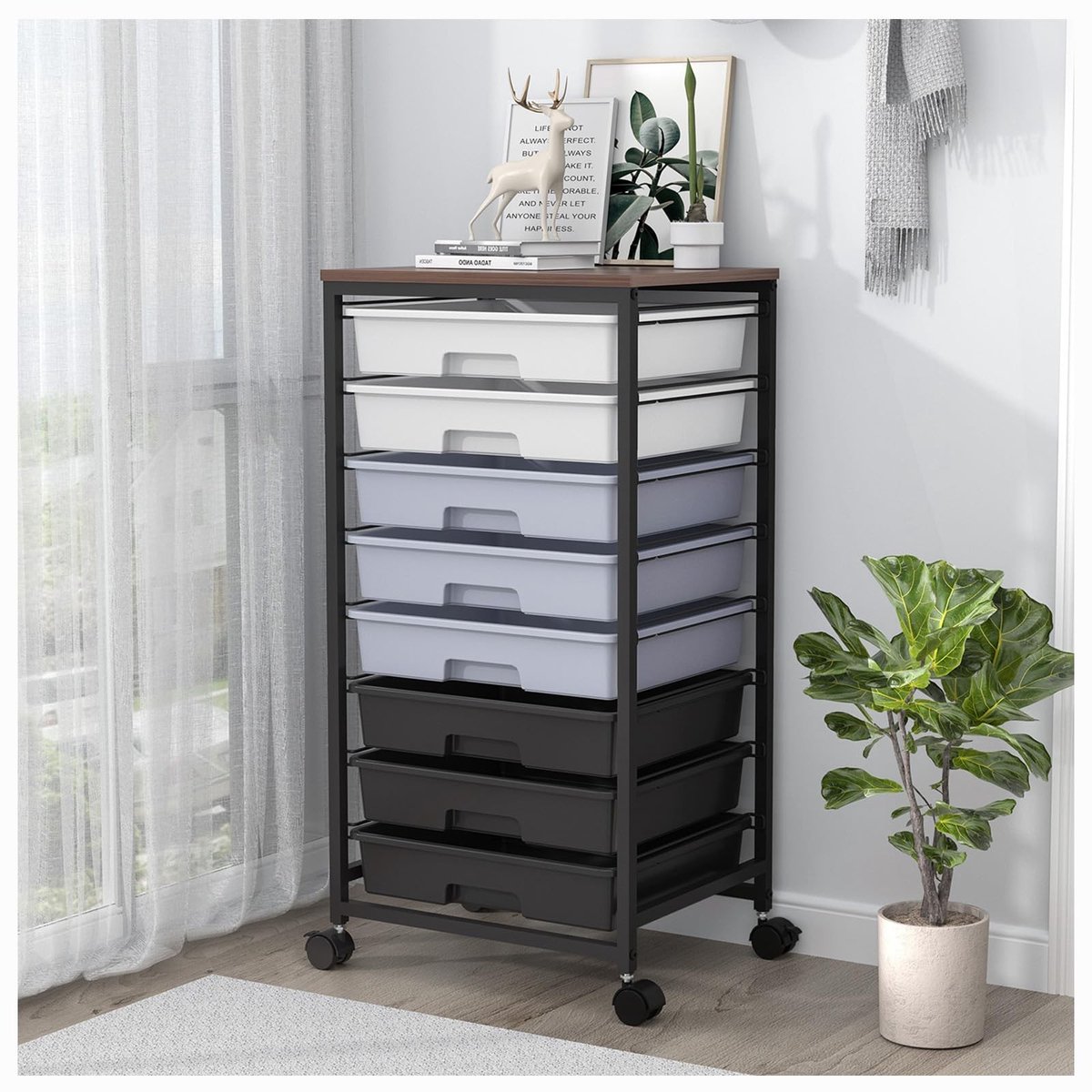 Dailygoods- Rolwagen met 8 Laden - Badrollwagen - Ladewagen - Rolcontainer - Knutselwagen - Houten Tafelblad - Duurzaam Materiaal - Opbergwagen