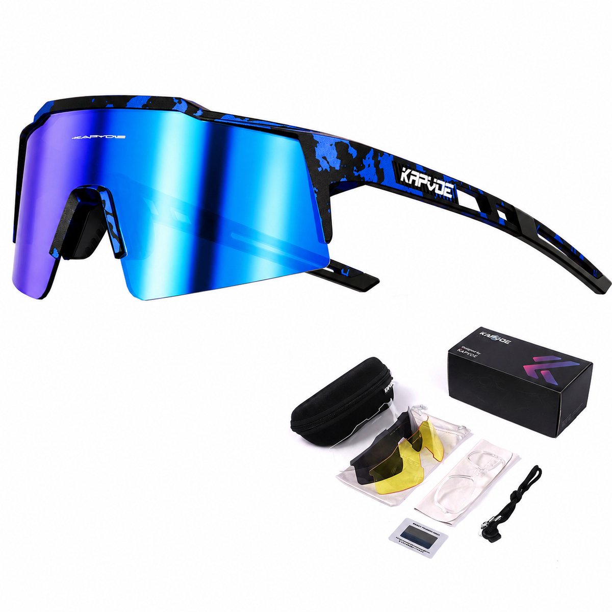 KAPVOE Sport Zonnebril - COMPLETE SET - 4 GLAZEN - Fietsbril - Sportbril - Mountainbike - Wielren - Ski - Wintersport - Polariserend - UV 400 - Nachtbril - Hoesje -Brillenkoker - Blauw camouflageprint - apres ski