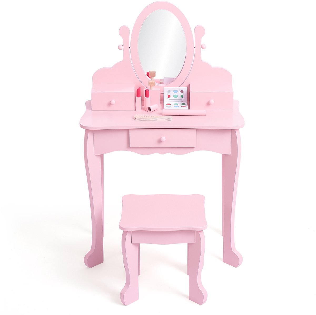 HOERFURIY Kinderkaptafel set met spiegel en kruk - houten kaptafel voor meisjes speelgoed - roze
