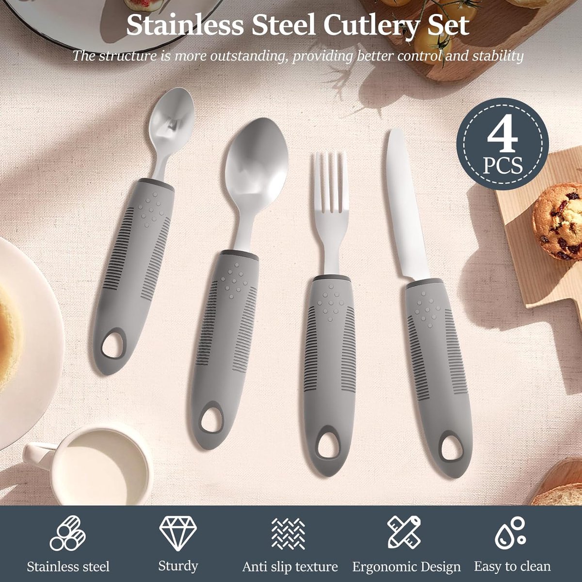 Adaptieve keukengerei set - Verzwaarde bestekset - Zelfstandig eten - Antislip grip ontwerp - 4 delig - Zilver