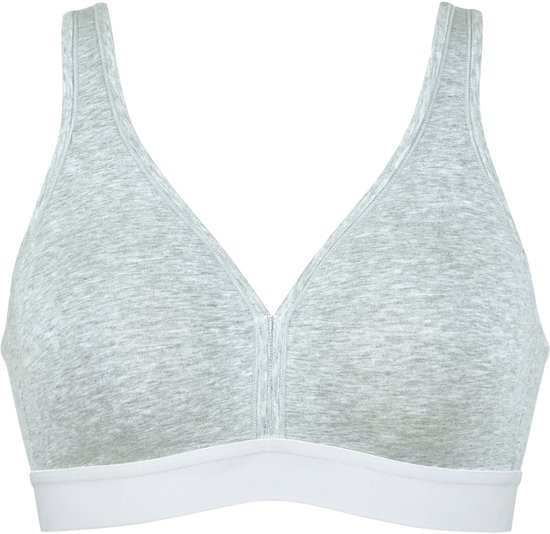 Lichtgrijze katoenen soft bh met witte band onderaan en verstelbare bandjes.