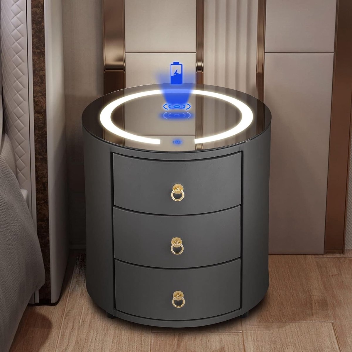 Rond Nachtkastje met Draadloos Opladen en LED Verlichting - Set van 2 - 46 x 46 x 46 cm - Smart Bijzettafel met 3 Lades, Gehard Glas en Kunstleer - Grijs - Mobili Bella