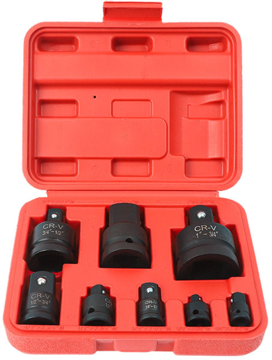 Achtdelige set hulsadapters: 1-3/4", 3/4"-1/2", 3/4"-1", 1/2"-3/4", 1/2"-3/8", 3/8"-1/2", 3/8"-1/4", 1/4"-3/8", gemaakt van chroom-molybdeenstaal, inclusief een vierkante adapter, hulsadapter en rateladapter,8 stuks
