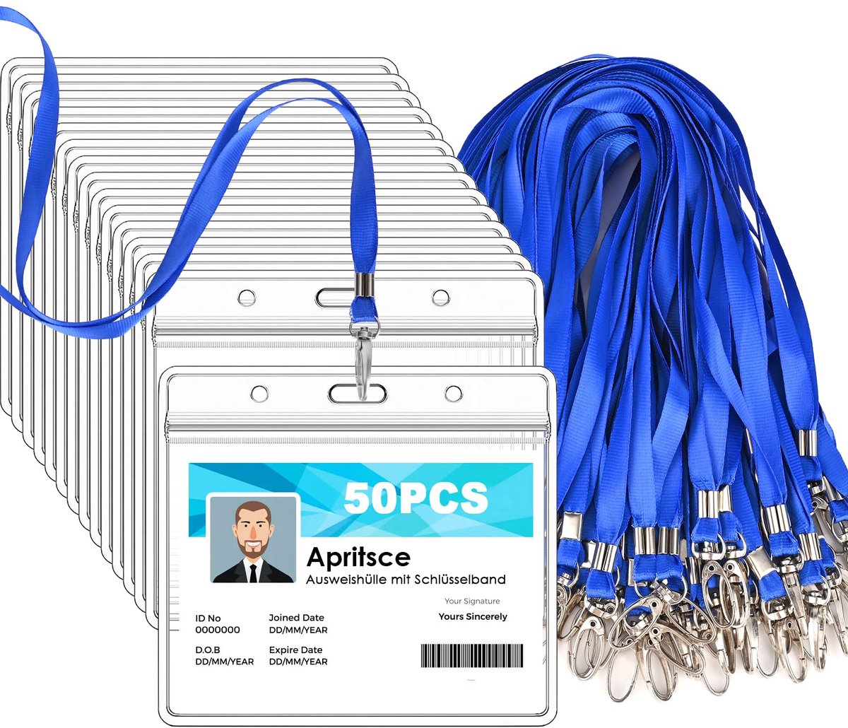 Dreamhigh® ID - Badgehouder Met Draagkoord – Apritsce 50 - Delige Set - Kaarthouders Met Draagkoorden – Waterdichte - Transparante Id-Hoesjes – Combinatieset Van Draagkoord En Kaarthouder Voor Zakelijk Gebruik - Beurzen En Kantoor - Blauw