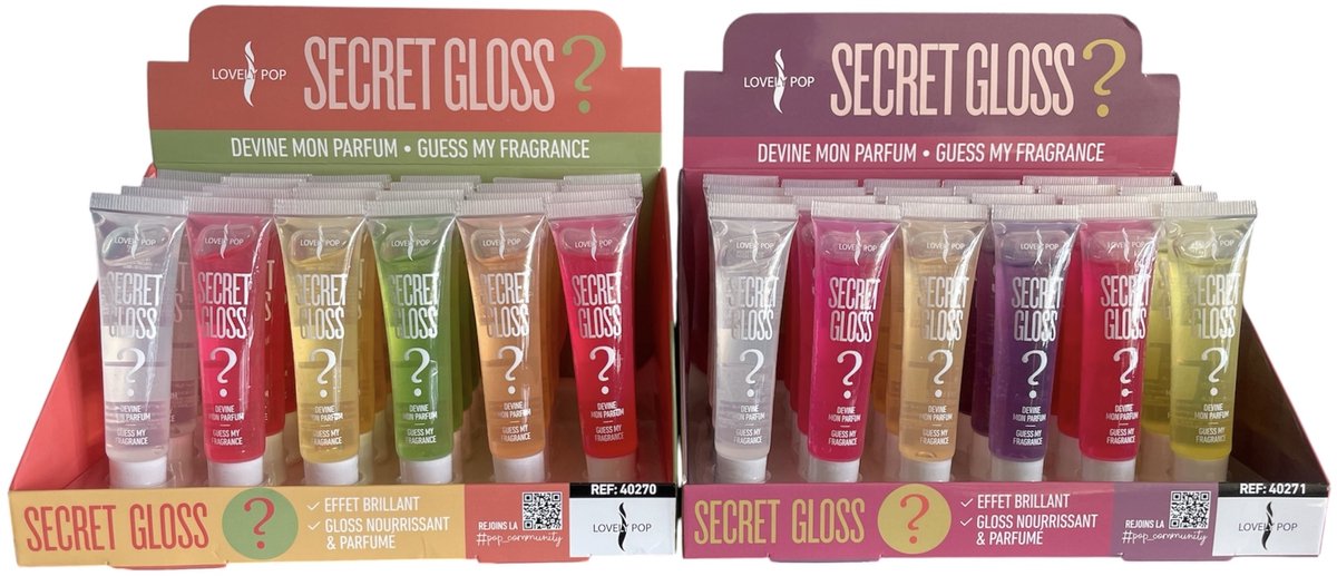 Lovely Pop - Lipgloss - Secret Gloss ? - Raad de geur/smaak ? - Voedende Glans - Set 12 met flacons
