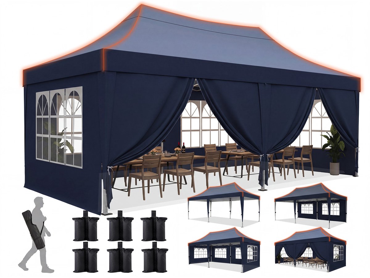Quictent Vouwbare Partytent 3x6m – Waterdicht Partytent met 8 Zijwanden, UV 50+ – Blauw