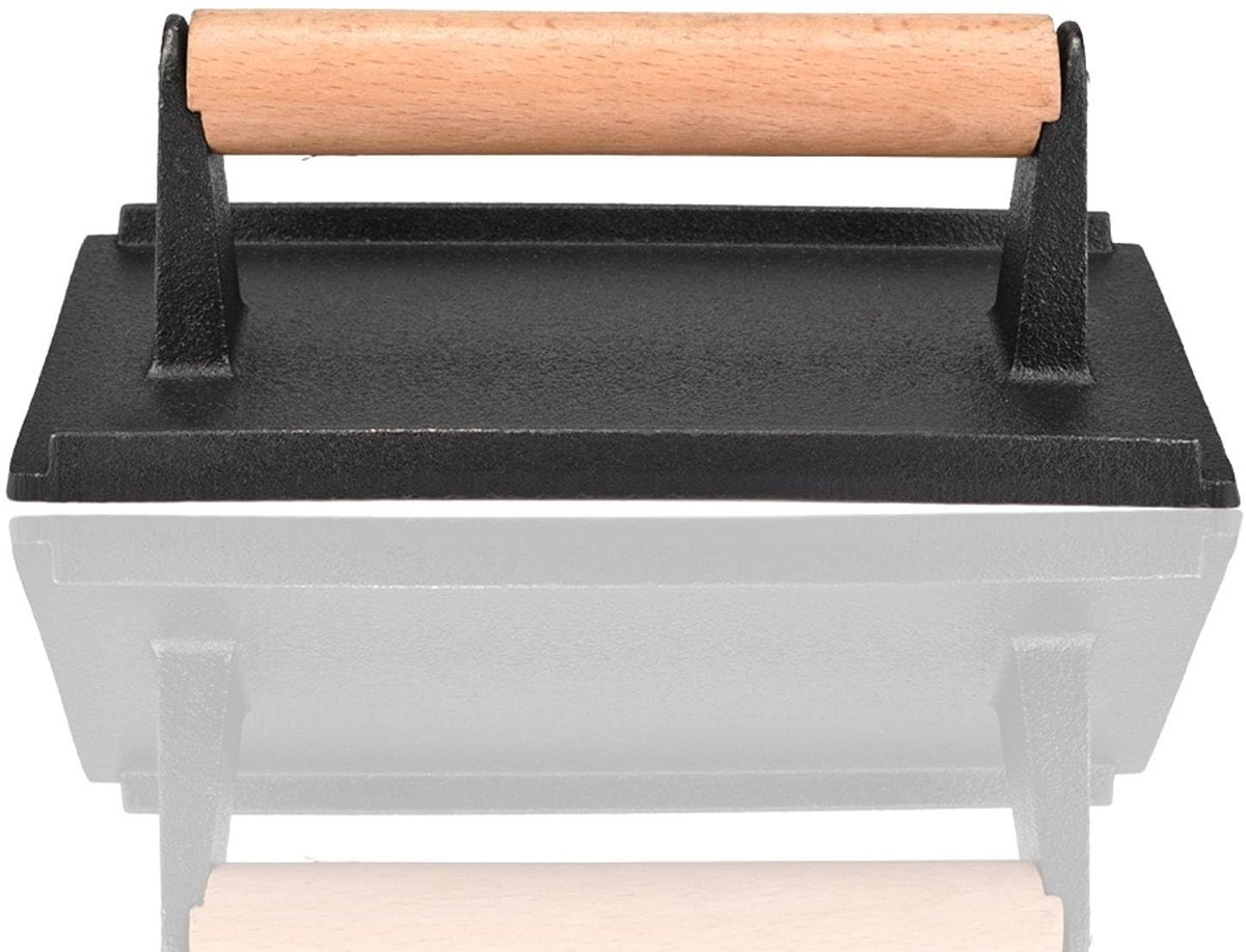 Dailygoods- Hamburgerpers Gietijzer - Heavy Duty Steak Pers - Houten Handvat - Ideaal voor Grillen - Voorkomt Krullen - Ca. 20,5 x 10,5 x 7 cm - Vleespers