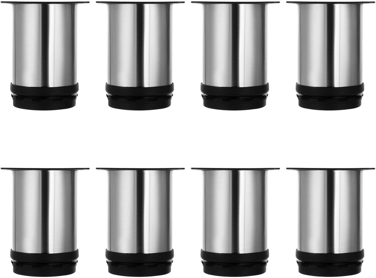 Dailygoods- Meubelpoten Verstelbaar - Set van 8 - Hoogte 80 mm - Rond - Geborsteld Roestvrij Staal - Eenvoudige Installatie