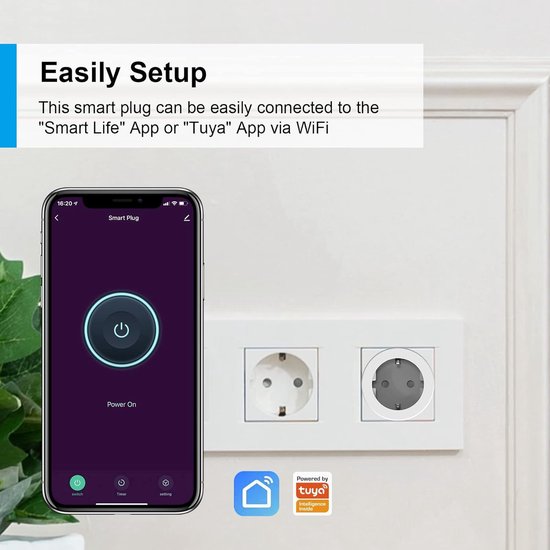 Een smartphone toont de 'Smart Life' app met aan/uit-knop naast een stopcontact.