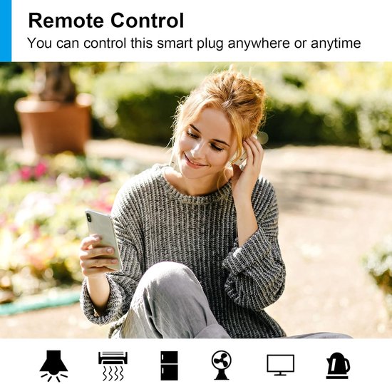 Een vrouw in de tuin met smartphone, luisterend naar muziek en omringd door icônes van apparaten.