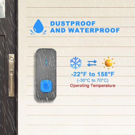 VHV Wireless Doorbell - Waterproof - 400 m Range - Wireless Outdoor Bell - with 2 plug-in receivers and 2 Transmitter - Works on 55 melodies - LED flash Doorbell - Black — afbeelding 4