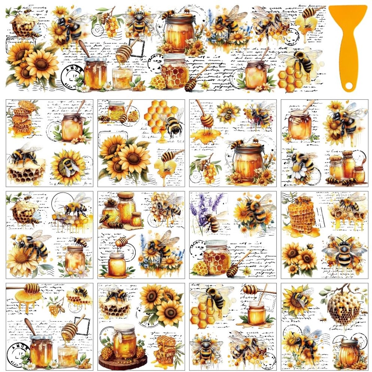 Dailygoods- Transferstickers 12 Vellen - Wrijven op Transferstickers - Honingbij/Zonnebloem Ontwerpen - Meubelstickers/Raamdecoratie - Glazen Beker Decoratie - Voor Ambachten - Decoratiestickers