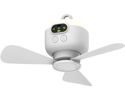 Plafondventilator – Draagbare campingventilator – 8000 mAh (27 cm) – Oplaadbaar – Tentventilator – Met LED-verlichting & ophanghaak – Met timerfunctie – Afneembare bladen – Geschikt voor tenten, luifels, campers, balkons, stranden en slaapkamers –Wit