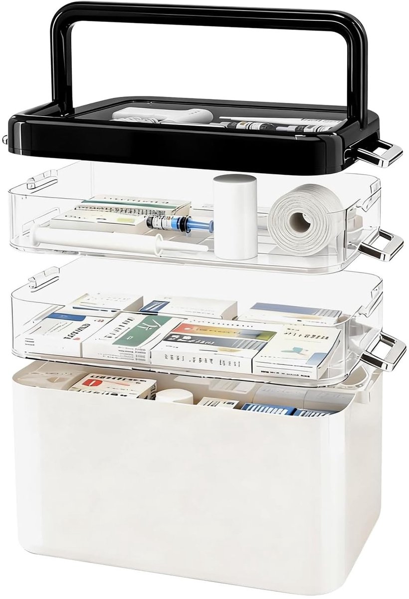 Dailygoods- Medicijnopslag 3 lagen - Kunststof Medicijnbox - Multifunctionele Medicijnorganizer - Handvat - 31,5 x 21,5 x 29 cm - Duurzaam en stofdicht - Medicijndoos