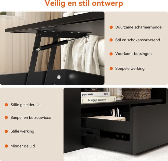 Zicht op scharnier van de lift-tafel en open opberglades, met tekst over veilig en stil ontwerp.