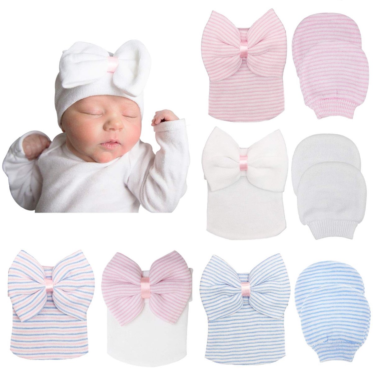 Dailygoods- Geboortemuts Handgemaakt - 5 Mutsjes - 3 Paar Wanten - Rekbare Gebreide Stof - Zacht en Warm - Perfect voor Pasgeborenen - Babyhoedje