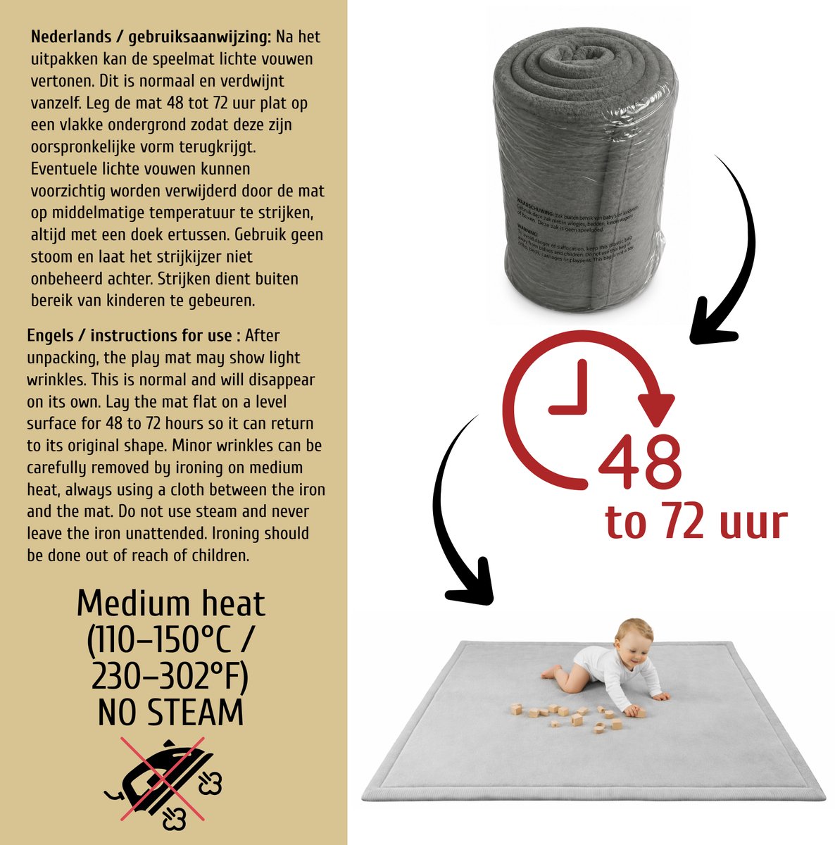 Roosly Speelmat Baby - Fluwelen Speelkleed baby - speeltapijt - kruipmat - playmat - Extra Dik Traagschuim 3 cm - Antislip - Zacht & Veilig - 150 x 200 cm - Mist Grey – foto 6