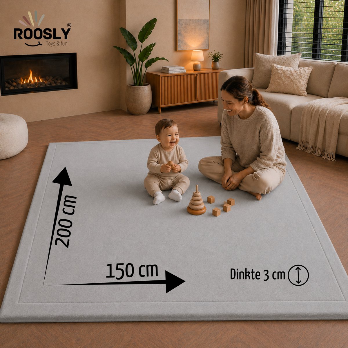 Roosly Speelmat Baby - Fluwelen Speelkleed baby - speeltapijt - kruipmat - playmat - Extra Dik Traagschuim 3 cm - Antislip - Zacht & Veilig - 150 x 200 cm - Mist Grey – foto 2