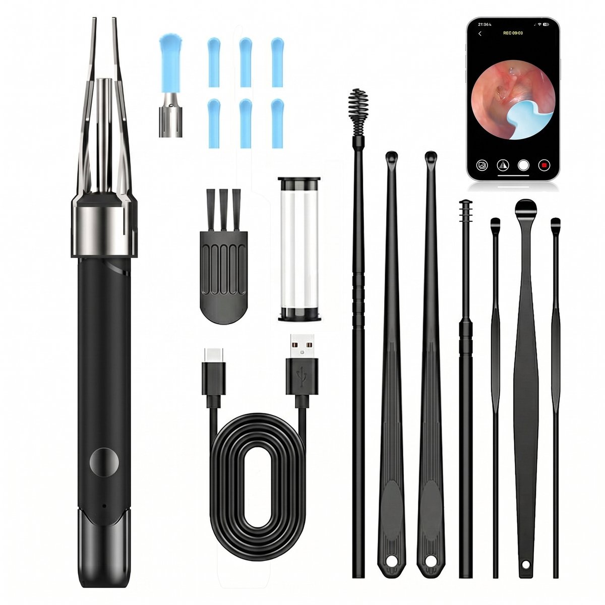 Sogiol® Oorsmeer Verwijderaar met Camera - Ear Cleaner - Oor Schoonmaken - Earscratcher - Oorlepel - Ultra HD Camera- Lange batterij - oor camera - oor cleaner - Inclusief reinigingsset - Oorspuit - Oorreiniger - zwart
