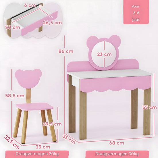 Roze kaptafel met spiegel in berenvorm en bijpassend krukje, met afmetingen.