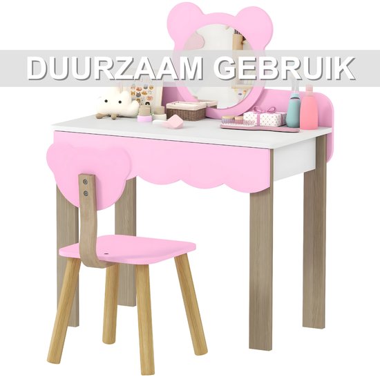 Roze kinder kaptafel met berenspiegel en krukje, met tekst 'Duurzaam Gebruik'.