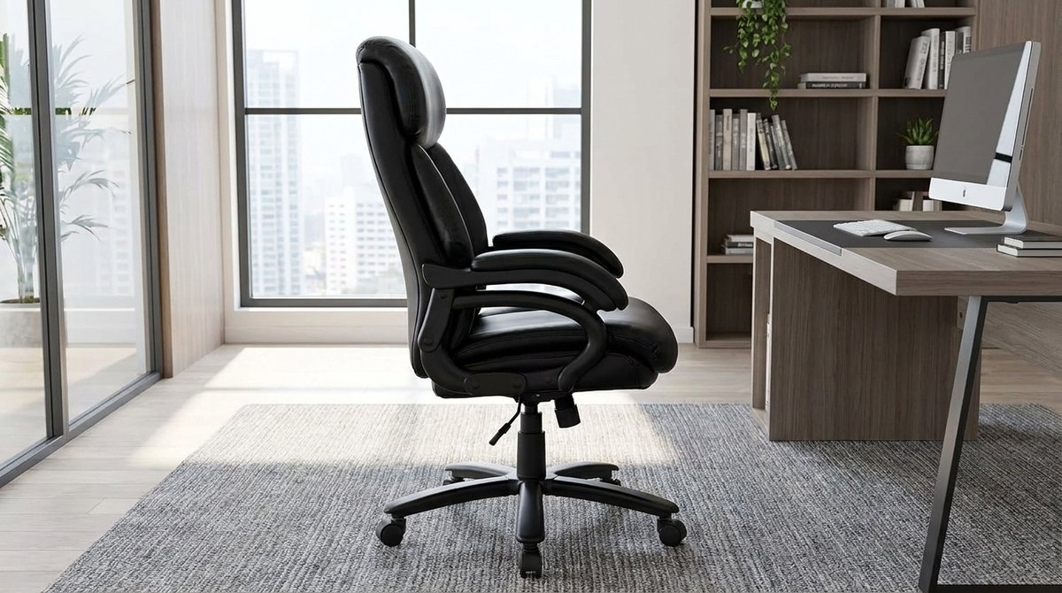 Bureaustoel XXL Ergonomisch – House&Garden Directiestoel Luxe Leer – Extra Brede Zitting 59 cm – Belastbaar tot 181 kg – Hoge Rugleuning – Verstelbare Armleuningen – Kantelbaar 90°–120° – Ergonomische Kantoor & Thuiswerk Stoel – Zwart thumbnail 5