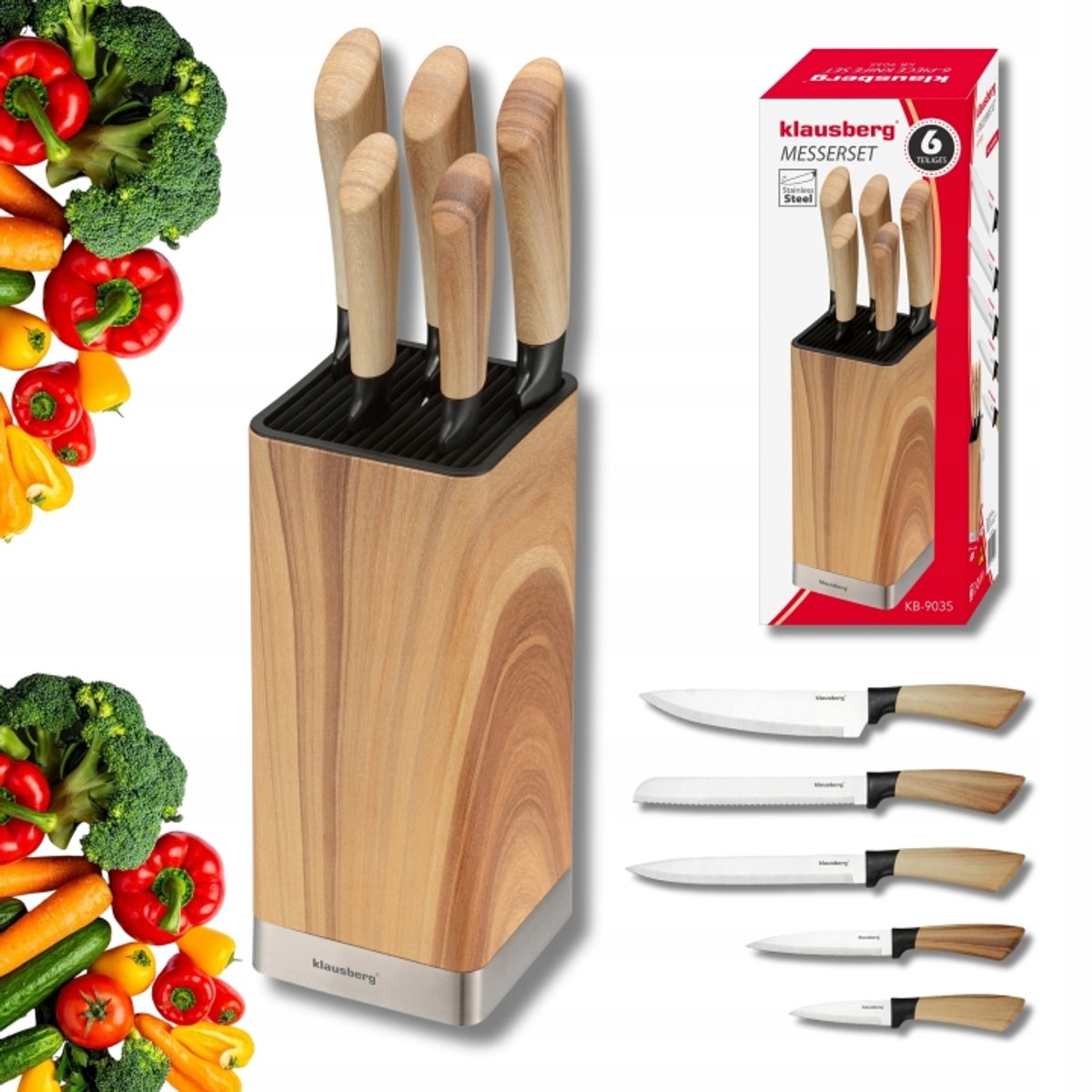 Klausberg - Messenset - 6 Delige - Keukenmessenset - 5 RVS Keukenmessen - Messenhouder - Professionele Koksmessen - Keukenaccessoires met Messenblok - Houtlook