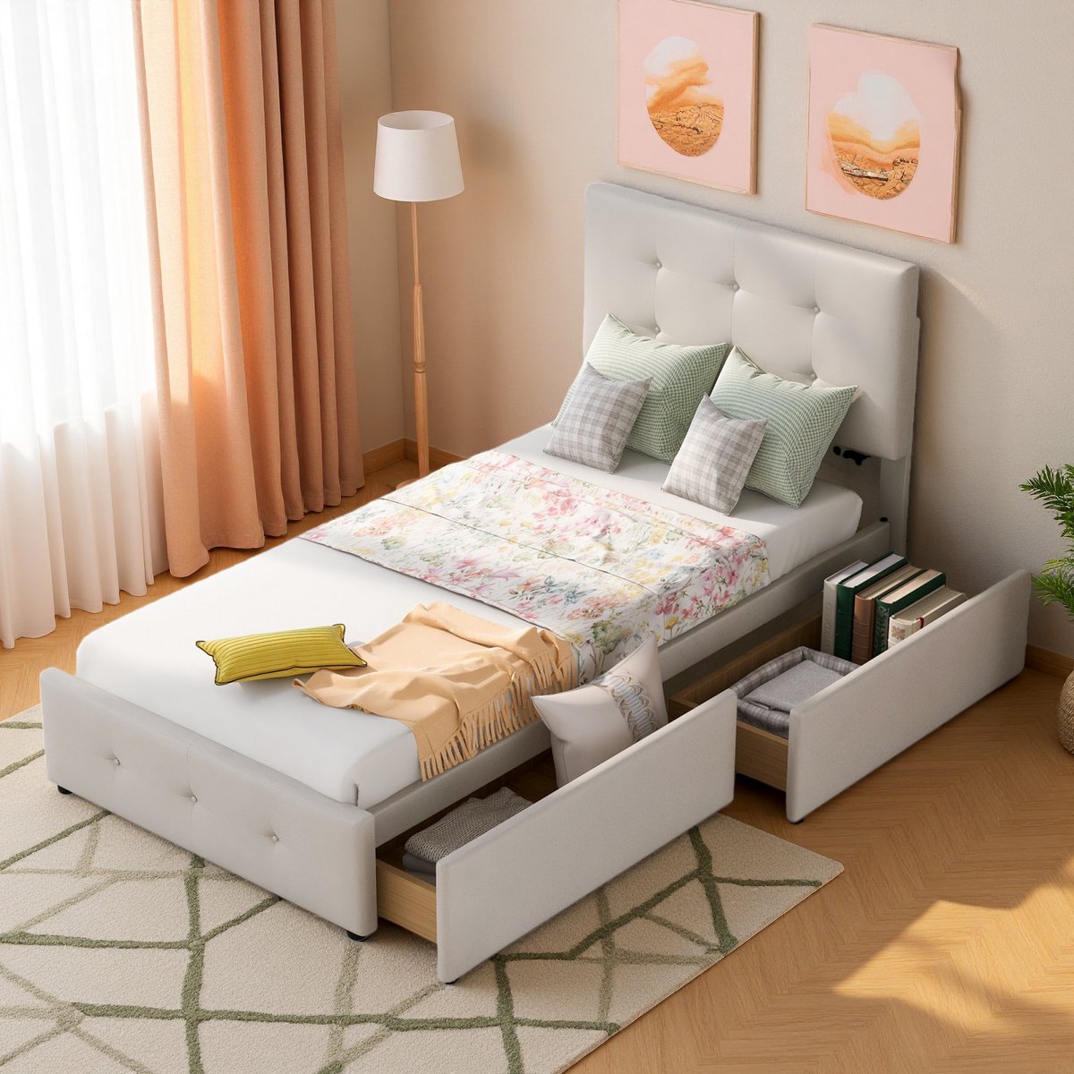 ROSAHQNDA Kinderbed 90x200cm met 2 lades, gewatteerd hoofdeinde, voor meisjes en jongens, fluweel, beige