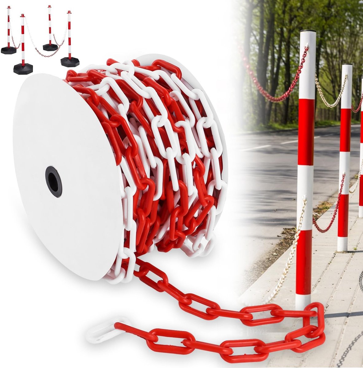 Dailygoods- Afsluitketting 25 m - Kunststof Ketting - Rood/Wit - 8 mm Dik - Goed Zichtbaar - Stabiel en Handig - Afsluitband