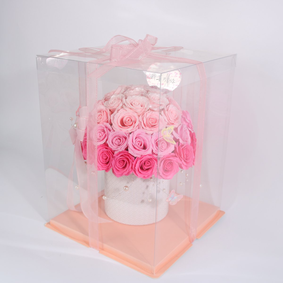 La Roselle Amsterdam Luxe Eeuwige Rozenboeket in Transparante Cadeaubox – Roze & Fuchsia Kunstrozen – Romantisch