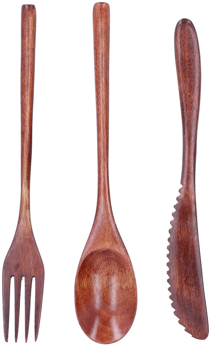 Dailygoods- Bestekset Herbruikbaar - Houten Serviesset - 3 Delig - Mes/Vork/Lepel - Teakhout - Lichtgewicht 40 g