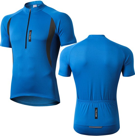 Avant et arrière d'un maillot de cyclisme bleu à manches courtes, avec une demi-fermeture éclair et des accents noirs.
